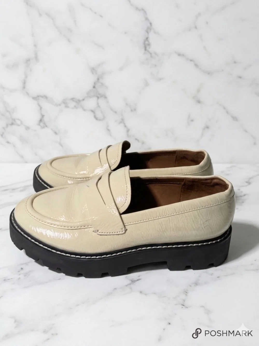 Franco Sarto Balin Lug Sole Loafers Putty Cream Ivory Patent Penny Loafer 7W